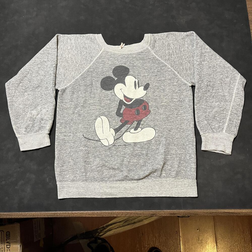 Vintage Mickey Mouse Sweatshirt Flocked 1960s Raglan Disney Tropix Togs Crewneck - Picture 1 of 9